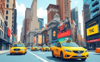 Une vue dynamique de New York avec des taxis jaunes et des gratte-ciels sous un ciel bleu clair.