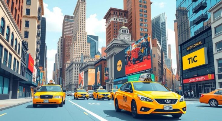 Une vue dynamique de New York avec des taxis jaunes et des gratte-ciels sous un ciel bleu clair.