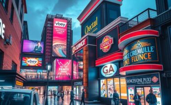 Un peisaj urban cu un centru comercial modern si lumi stralucitoare, evocand o atmosfera vibranta de energie si oportunitate.