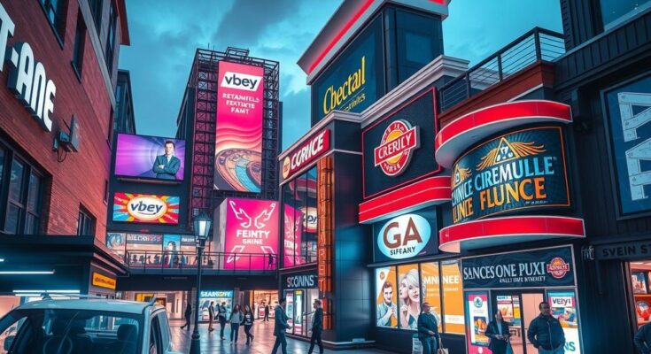 Un peisaj urban cu un centru comercial modern si lumi stralucitoare, evocand o atmosfera vibranta de energie si oportunitate.