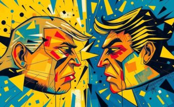 Ilustrasi strategi politik baru dengan simbol antagonisme dan ketegangan di latar belakang warna kuning dan biru.
