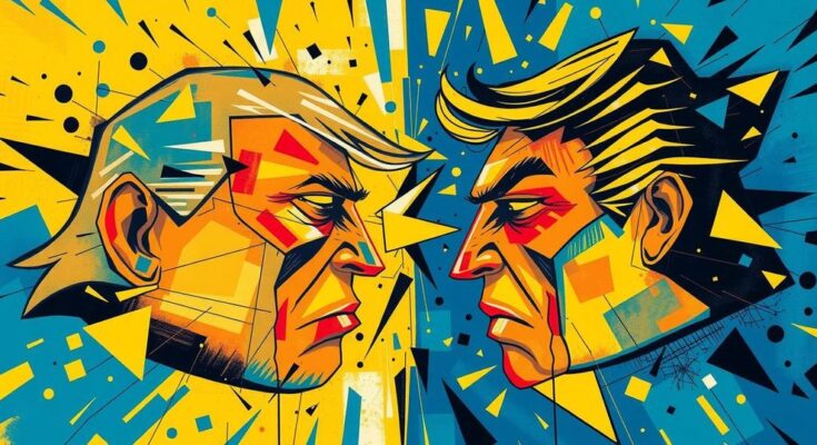 Ilustrasi strategi politik baru dengan simbol antagonisme dan ketegangan di latar belakang warna kuning dan biru.
