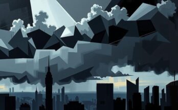 Abstract representation of political tension with dark clouds, contrasting city skyline, and ominous shapes in the background.