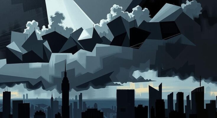 Abstract representation of political tension with dark clouds, contrasting city skyline, and ominous shapes in the background.