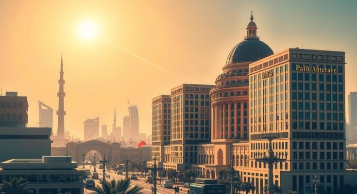 Pemandangan kota modern di Timur Tengah dengan arsitektur megah dan langit cerah, menampilkan nuansa politik dan diplomatis.