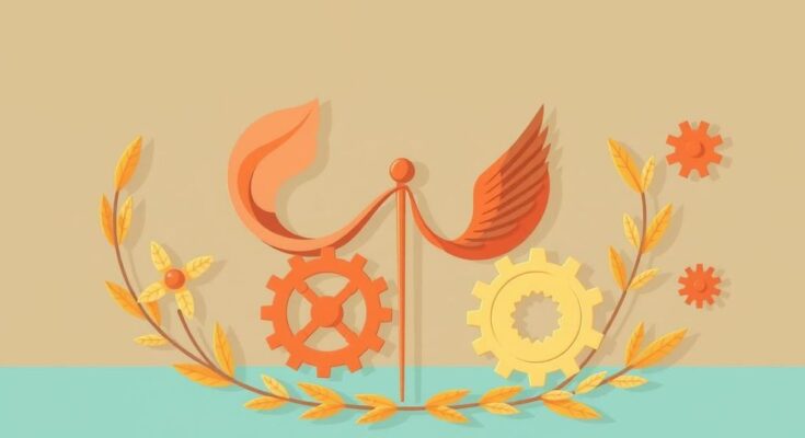 Изображение на тема политическа дискусия с символи на уважение и конструктивен диалог, в топли цветове.