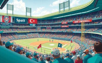 A vibrant baseball stadium with cheering fans and a symbolic baseball on the pitch, reflecting the intersection of sports and society.