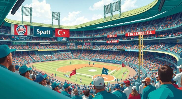 A vibrant baseball stadium with cheering fans and a symbolic baseball on the pitch, reflecting the intersection of sports and society.