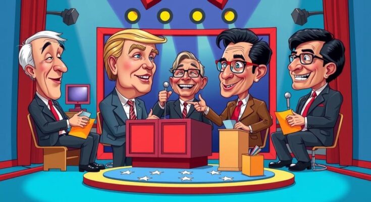 SNL explore politics through humor in dynamic sketches featuring caricatures, bright colors and playful design.
