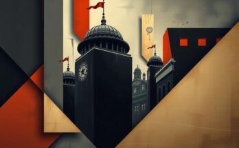 Абстрактная композиция с использованием конструктивистского стиля и темных оттенков, олицетворяющая политическую атмосферу.