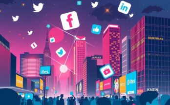A vibrant digital art depicting a dynamic city skyline with social media symbols, representing progressive political engagement.