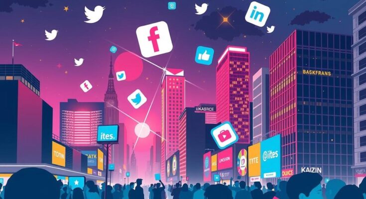 A vibrant digital art depicting a dynamic city skyline with social media symbols, representing progressive political engagement.