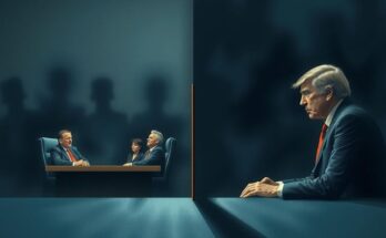 Rappresentazione artistica di un dibattito politico con toni scuri e colori contrastanti.