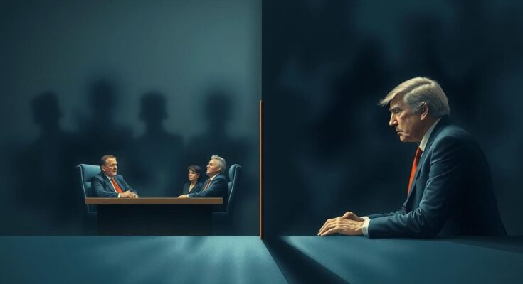 Rappresentazione artistica di un dibattito politico con toni scuri e colori contrastanti.