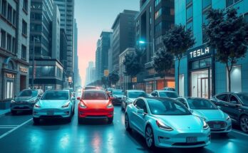 Un oraș modern, cu mașini electrice Tesla parcate pe străzi luminate, simbolizând inovația tehnologică și tranziția ecologică.