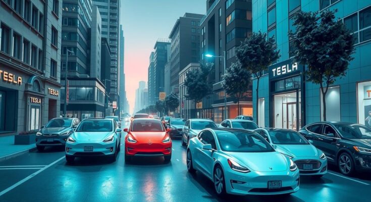Un oraș modern, cu mașini electrice Tesla parcate pe străzi luminate, simbolizând inovația tehnologică și tranziția ecologică.