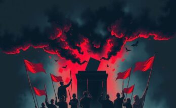 Тревожная атмосфера выборов, угроза насилия, символ протестов, флаги, мрак, яркие акценты красного и черного.