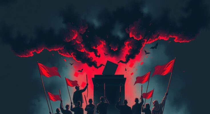 Тревожная атмосфера выборов, угроза насилия, символ протестов, флаги, мрак, яркие акценты красного и черного.