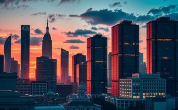 Political debate backdrop with a city skyline and a dramatic colour scheme showing contrasting light and dark tones.