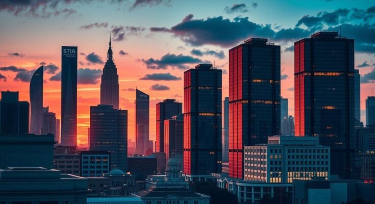 Political debate backdrop with a city skyline and a dramatic colour scheme showing contrasting light and dark tones.