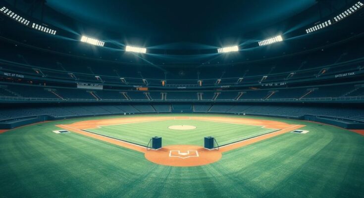 Stadium with empty seats and a baseball diamond, symbolizing sports and politics in peaceful coexistence.