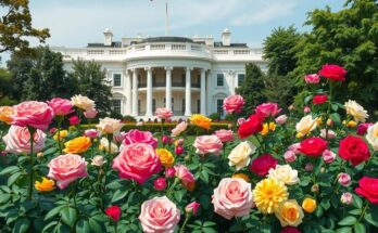 Giardino della Casa Bianca con fiori vibranti, simbolo di potere e cambiamento economico.