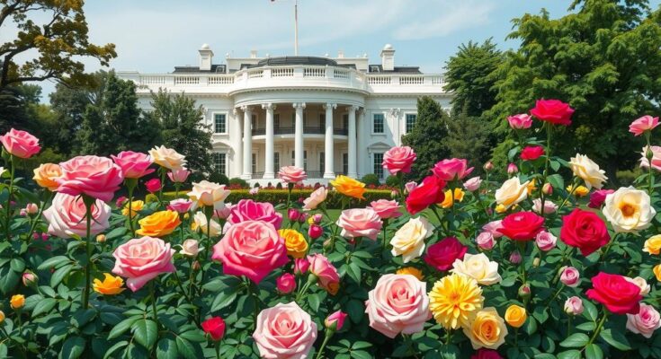Giardino della Casa Bianca con fiori vibranti, simbolo di potere e cambiamento economico.