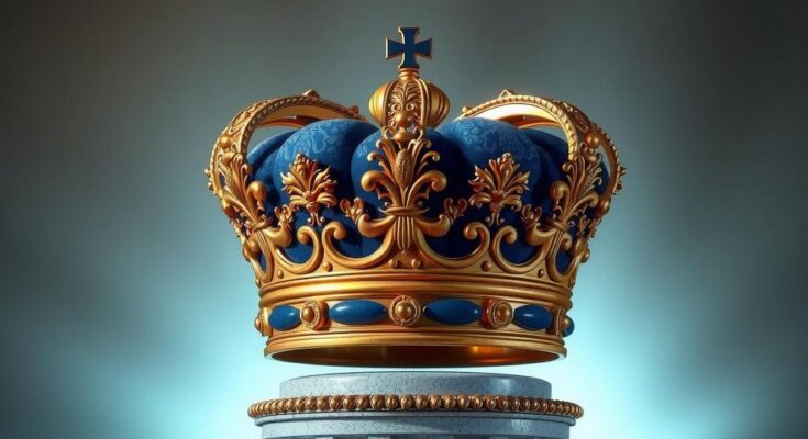 Grafis simbolik yang mencerminkan kekuasaan politik dan term limit dengan warna biru dan emas.