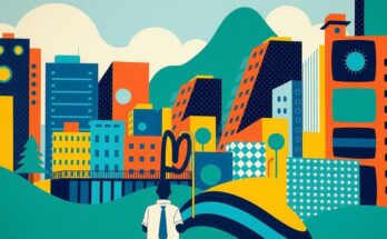 Un paysage urbain dynamique symbolisant le progrès politique, avec des éléments de couleurs vives et des motifs modernes.