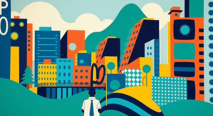 Un paysage urbain dynamique symbolisant le progrès politique, avec des éléments de couleurs vives et des motifs modernes.