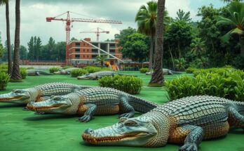 Un paysage marécageux de la Floride avec des alligators et une construction de centre de détention en arrière-plan.
