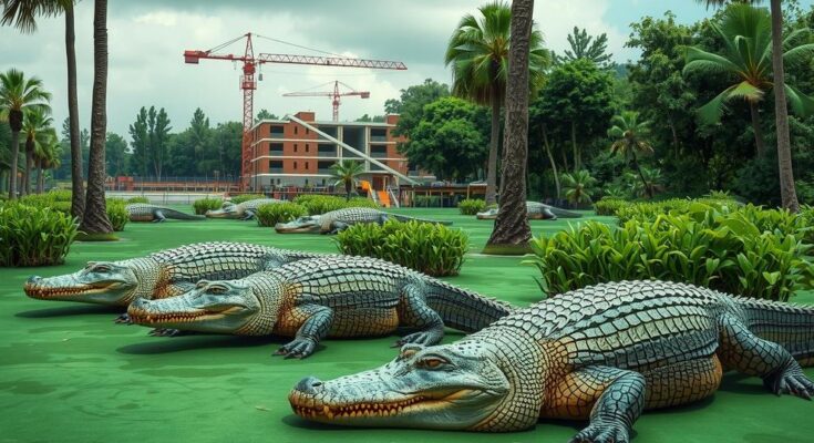 Un paysage marécageux de la Floride avec des alligators et une construction de centre de détention en arrière-plan.