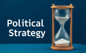 Ilustrasi strategi politik dengan simbol jam pasir dalam latar belakang ruang politik.