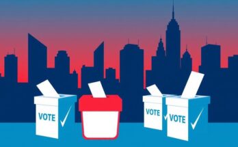 A vibrant graphic symbolizing democracy with abstract buildings, voting boxes, and a blue-red colour scheme.