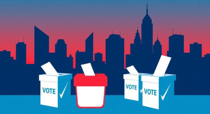 A vibrant graphic symbolizing democracy with abstract buildings, voting boxes, and a blue-red colour scheme.
