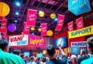 DNC convention scene with vibrant decorations and energetic atmosphere emphasizing unity and celebration.