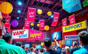 DNC convention scene with vibrant decorations and energetic atmosphere emphasizing unity and celebration.