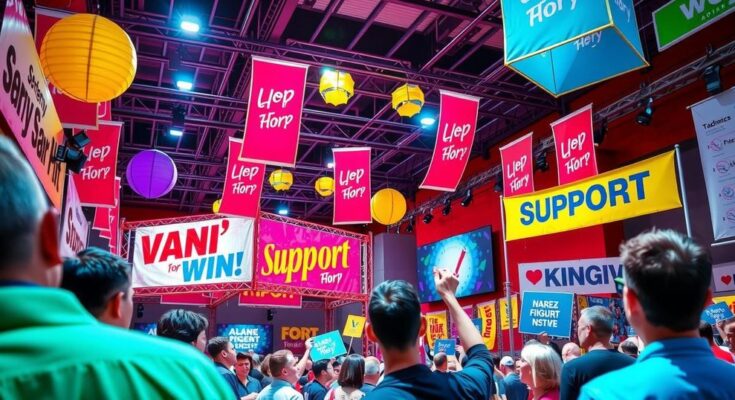 DNC convention scene with vibrant decorations and energetic atmosphere emphasizing unity and celebration.