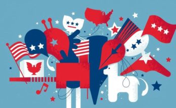 Grafis abstrak menampilkan bendera merah, biru, dan putih, simbol politik, untuk menggambarkan pandangan politik Amerika.