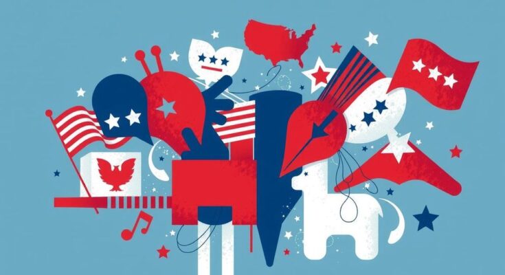 Grafis abstrak menampilkan bendera merah, biru, dan putih, simbol politik, untuk menggambarkan pandangan politik Amerika.