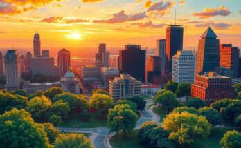A vibrant city landscape illustrating progressive urban governance, featuring iconic skyline and flourishing green spaces.