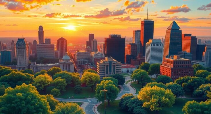A vibrant city landscape illustrating progressive urban governance, featuring iconic skyline and flourishing green spaces.