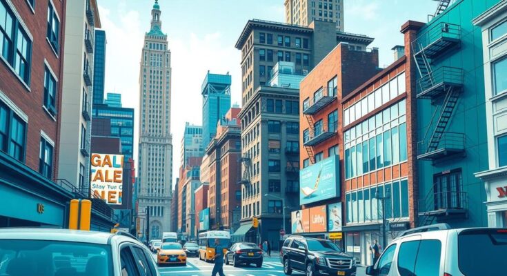 A vibrant city landscape showcasing New York with diverse architecture and active public spaces, symbolising political change.
