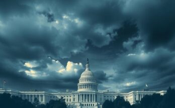 Un peisaj politic din America, simbolizând schimbările aduse de o administrație, în tonuri de albastru și gri.