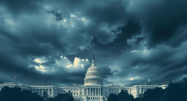 Un peisaj politic din America, simbolizând schimbările aduse de o administrație, în tonuri de albastru și gri.