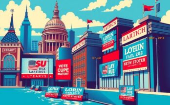 A political campaign scene with vibrant colours, featuring symbolic elements like city landmarks and campaign posters in a pop art style.