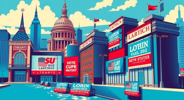 A political campaign scene with vibrant colours, featuring symbolic elements like city landmarks and campaign posters in a pop art style.