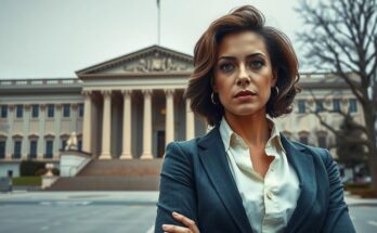 Женщина-адвокат с уверенным выражением лица на фоне офисного здания в Вашингтоне, символизируя правосудие.