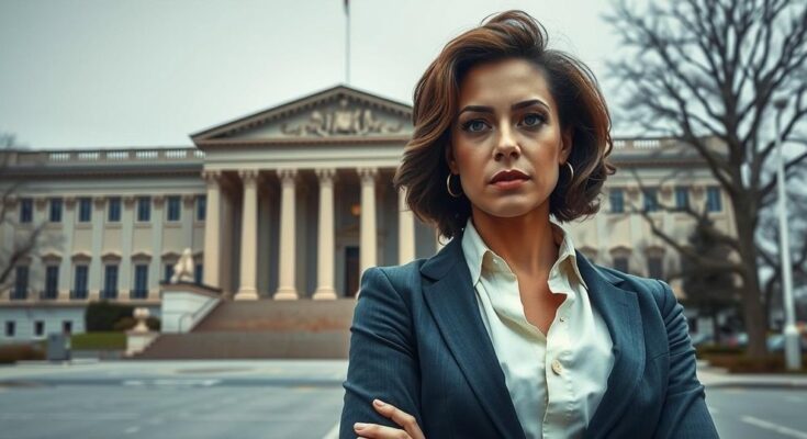 Женщина-адвокат с уверенным выражением лица на фоне офисного здания в Вашингтоне, символизируя правосудие.