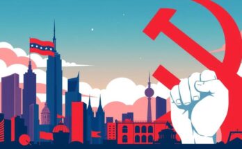 A political landscape featuring a city skyline juxtaposed with symbols of democracy and socialism in contrasting colours.